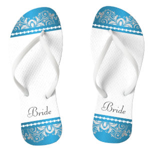 Tongs Dentelle blanche, bleue et argent Fête de mariag