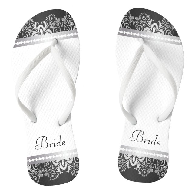 Tongs Dentelle blanche, noire et argent | Fête de mariag (Semelle)