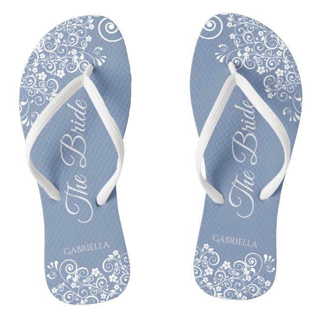 Tongs Dentelle blanche sur Dusty Blue Elegant Bride Mari (Semelle)