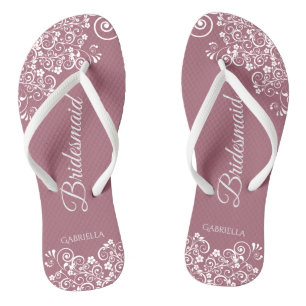 Tongs Dentelle blanche sur Dusty Rose Bridesmaid Mariage
