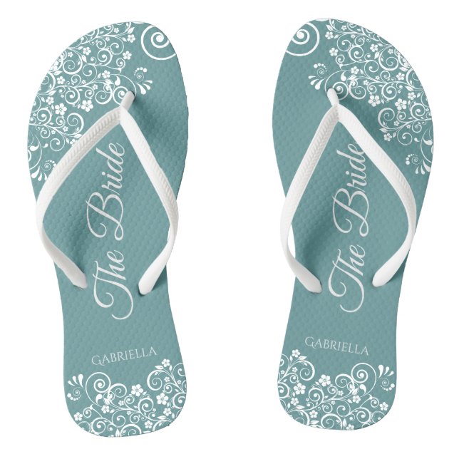 Tongs Dentelle blanche sur le Mariage Turquoise Simple E (Semelle)