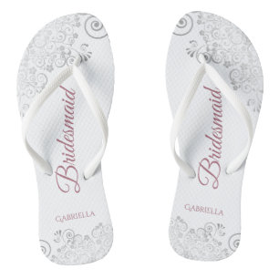 Tongs Dentelle d'argent et Rose Dusty Script Bridesmaid