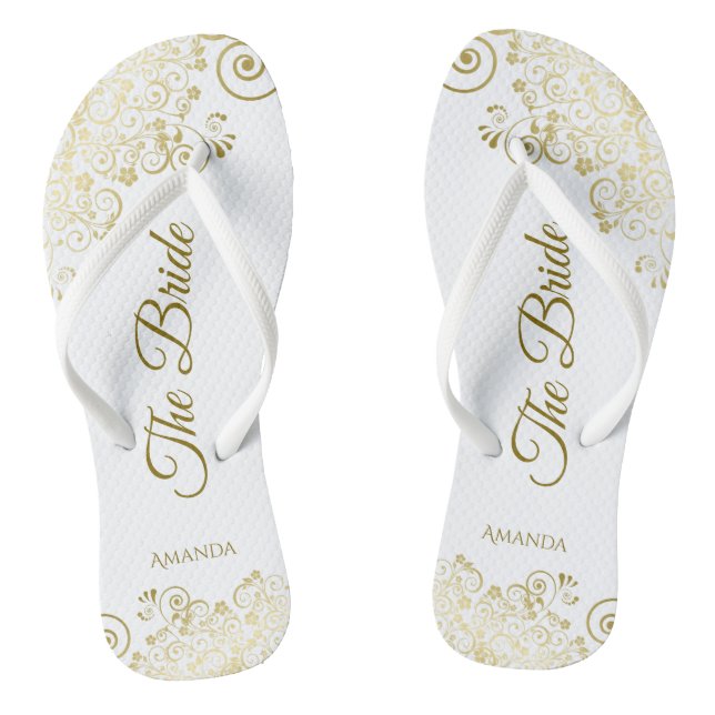 Tongs Dentelle d'or sur blanc La mariée Mariage élégant (Semelle)