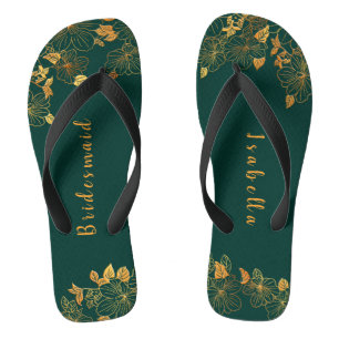 Tongs Élégante Bridesmaid Emerald Green & Gold Foliage