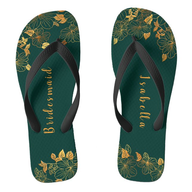 Tongs Élégante Bridesmaid Emerald Green & Gold Foliage (Semelle)