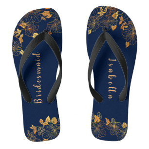 Tongs Élégante Bridesmaid Gold Floral Navy bleu