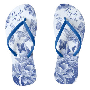 Tongs Elégante Fleurs Bleues Mariage Mariée Tribe Cadeau