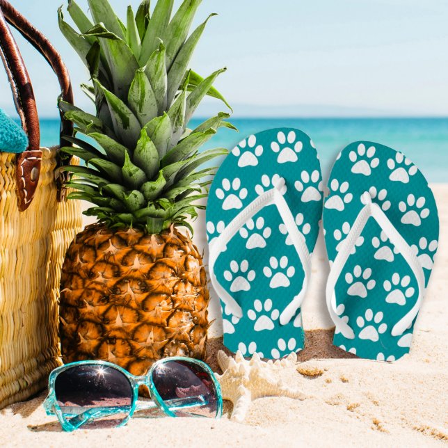 Tongs Empreintes de pattes De Chiens Sur Bleu, Vert Turq (Créateur téléchargé)