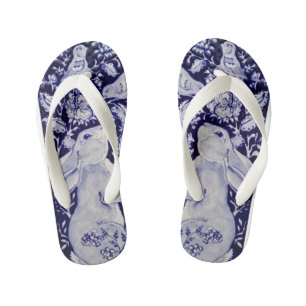 Tongs Enfants Bleu et blanc Lapin Oiseau Bunny Floral Chinoiseri