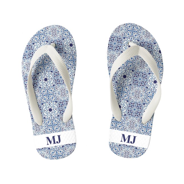 Tongs Enfants Carreaux bleus Initiales (Semelle)