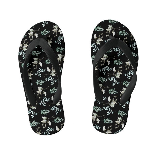 Tongs Enfants Feuilles botaniques noirs verts tendance (Semelle)