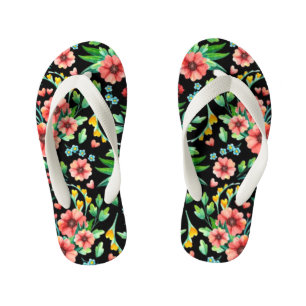 Tongs Enfants Fleurs roses avec Arrière - plan noir-235