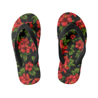 Tongs Enfants Fleurs rouges sur l'arrière - plan noir