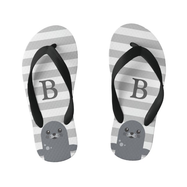 Tongs Enfants Happy Seal and Grey Stripes Monogram Kid's (Semelle)