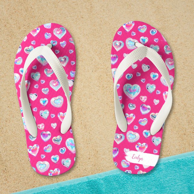 Tongs Enfants Joli coeur en cristal brillant 3D sur rose (Créateur téléchargé)