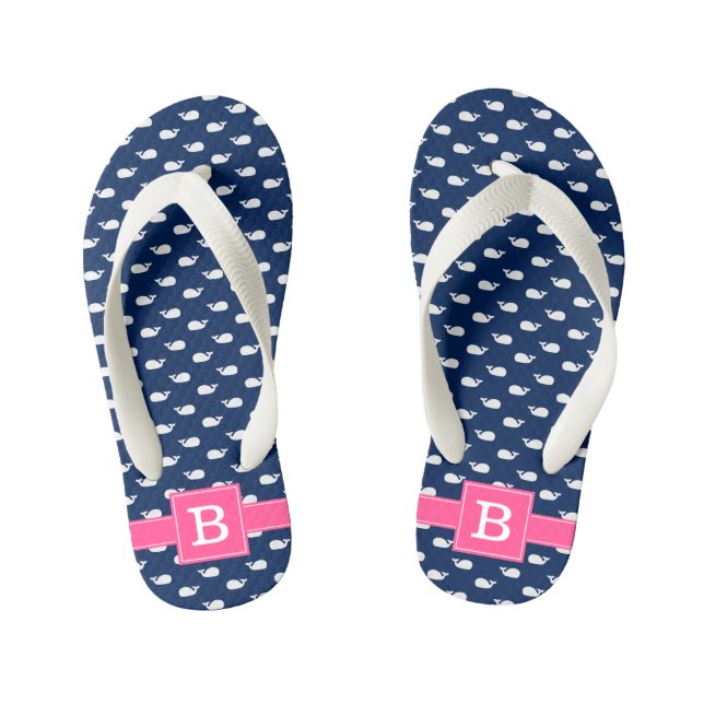 Tongs Enfants Monogramme Carré de baleines bleues et roses (Semelle)