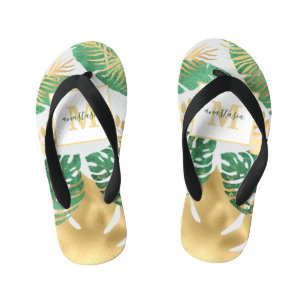 Tongs Enfants Monogramme Feuille Tropical Vert Or Moderne