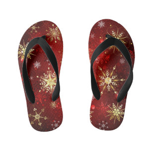 Tongs Enfants Noël Golden Snowflakes sur Arrière - plan rouge