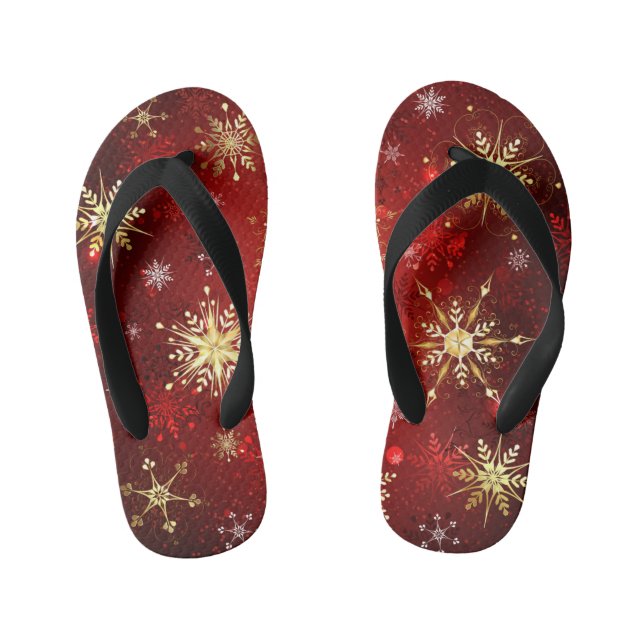 Tongs Enfants Noël Golden Snowflakes sur Arrière - plan rouge (Semelle)