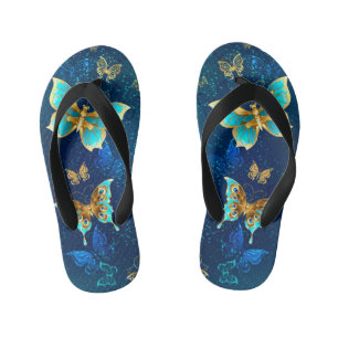 Tongs Enfants Papillons d'or sur un Arrière - plan bleu