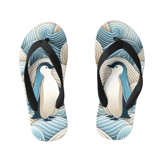 Tongs Enfants Pingouin En Crème Bleu Vagues Abstraites (Semelle)