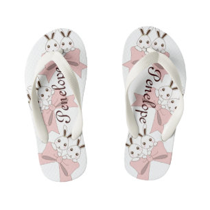 Tongs Enfants Ruban rose et lapin jumeau mignon personnalisé