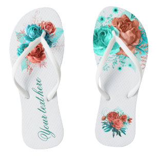 Tongs Favori de mariage floral tropical turquoise et cor