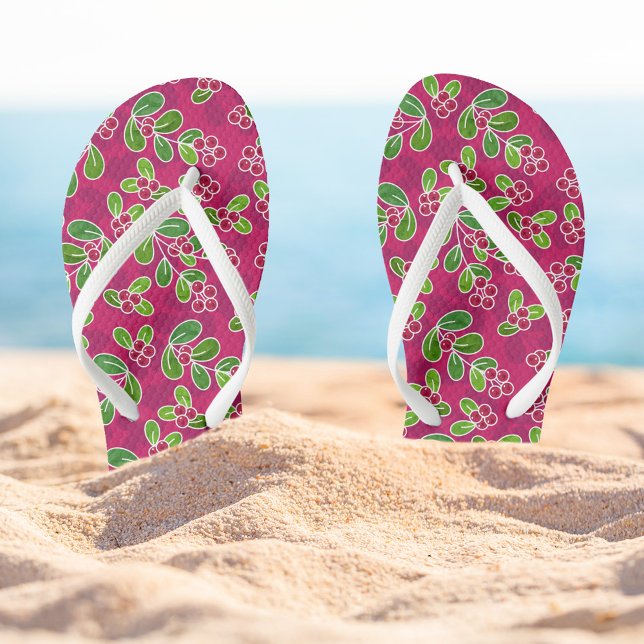 Tongs Festif Motif de feuillage de canneberge, Fuchsia (Holiday Cranberry Pattern Flip-flops)
