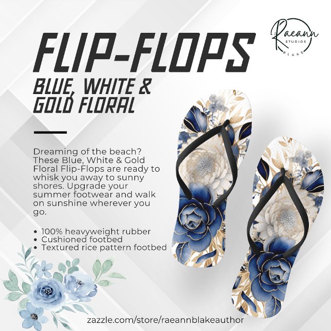 Tongs Feuilles florifères bleues, blanches et dorées (Créateur téléchargé)