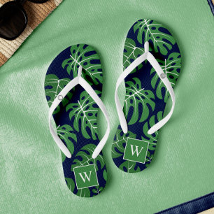 Tongs Feuilles Monstera Monogramme bleu et vert