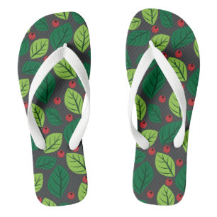 Tongs Feuilles Vertes, Baies Rouges, Motif De Feuilles