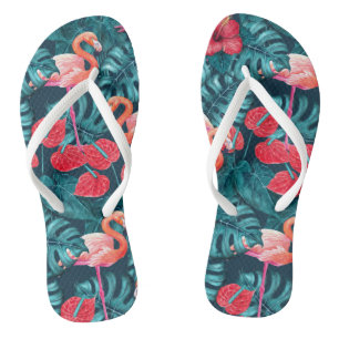 Tongs Flamant rose et aquarelle du jardin tropical