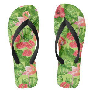 Tongs Flamant rose et plantes tropicaux