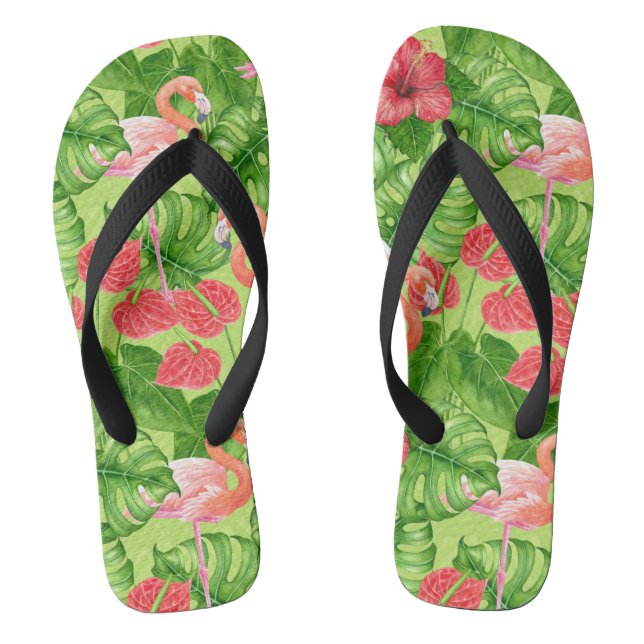 Tongs Flamant rose et plantes tropicaux (Semelle)