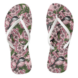 Tongs Fleur de cerisier et mésanges sur fond rose