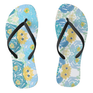 Tongs Fleurs aquarelles bleues et jaunes