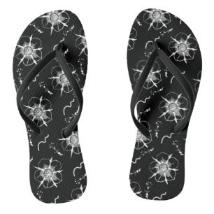 Tongs Fleurs d'art Abstraites en ligne blanche sur noir