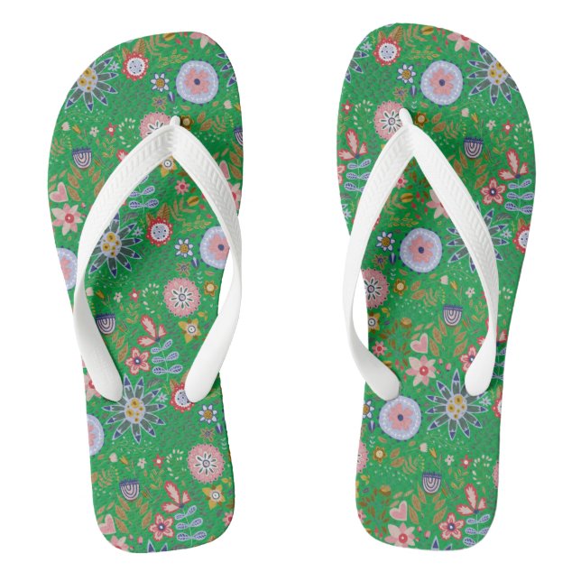 Tongs Fleurs d'art populaire Whimsical sur vert (Semelle)
