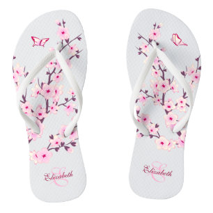 Tongs Fleurs de cerisier rose Nom blanc Monogramme
