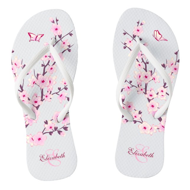 Tongs Fleurs de cerisier rose Nom blanc Monogramme (Semelle)