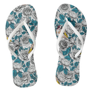 Tongs Fleurs de roses blanches et oiseaux d'or