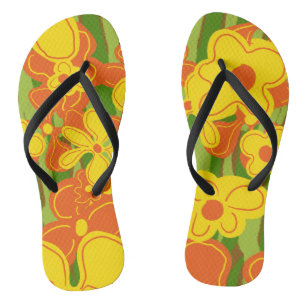 Tongs Fleurs orange jaune rétro sur vert