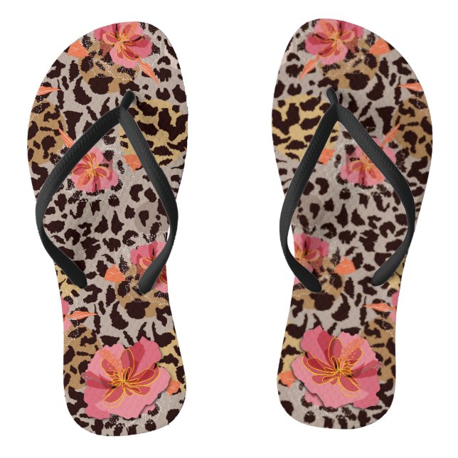 Tongs Fleurs roses chic sur léopard (Semelle)