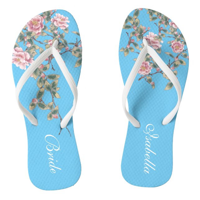 Tongs Fleurs roses Clair Bleu Mariage mariée (Semelle)