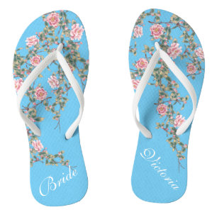 Tongs Fleurs roses florissantes Bride Mariage Bleu