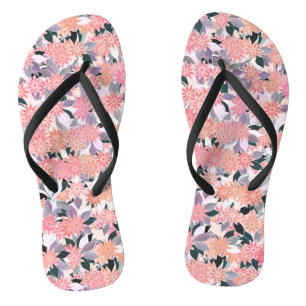 Tongs Fleurs roses sur fond de feuilles argentées