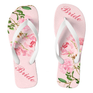Tongs Fleurs roses Vert Feuille Aquarelle Mariée