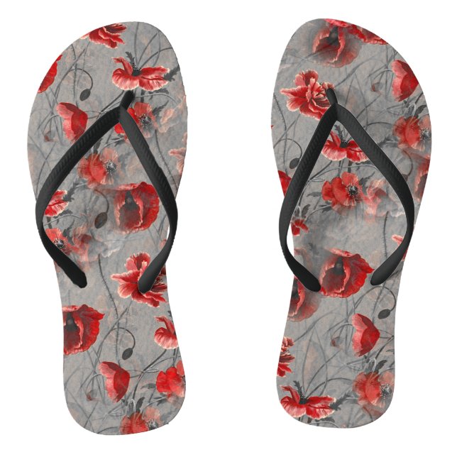 Tongs Fleurs rouges sur Gris foncé, Pépites rouges à pap (Semelle)