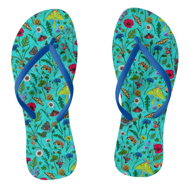 Tongs Fleurs sauvages et papillons de nuit sur turquoise (Semelle)