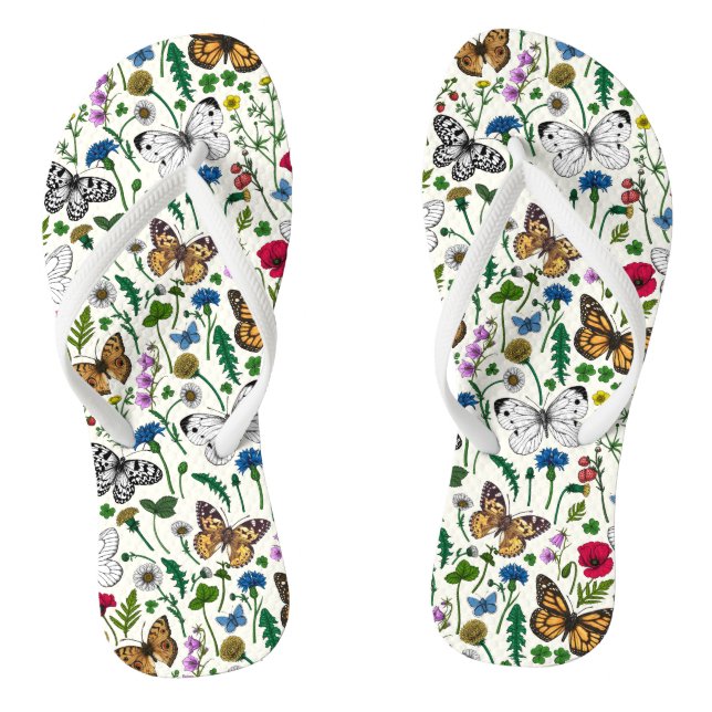 Tongs Fleurs sauvages et papillons sur blanc (Semelle)